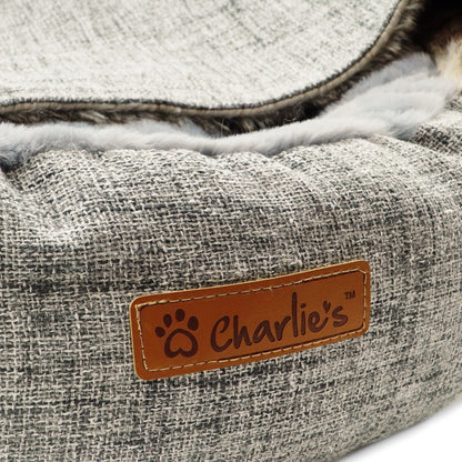 Charlie’s – Snookie Hooded Pet Bed – Faux Wolf Fur & Linen - Light Grey