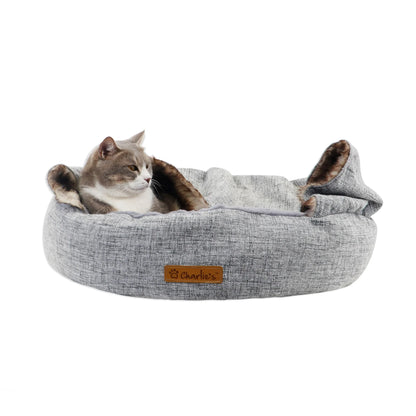 Charlie’s – Snookie Hooded Pet Bed – Faux Wolf Fur & Linen - Light Grey