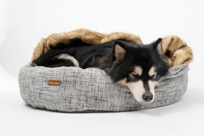 Charlie’s – Snookie Hooded Pet Bed – Faux Wolf Fur & Linen - Light Grey