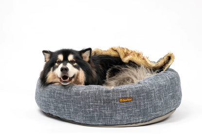 Charlie’s – Snookie Hooded Pet Bed – Faux Wolf Fur & Linen – Dark Grey - Medium