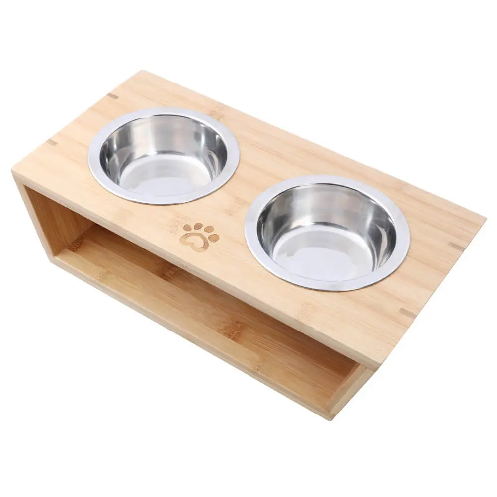 Charlie’s – Bamboo Dog Feeder With Stainless Steel Bowls – Natural