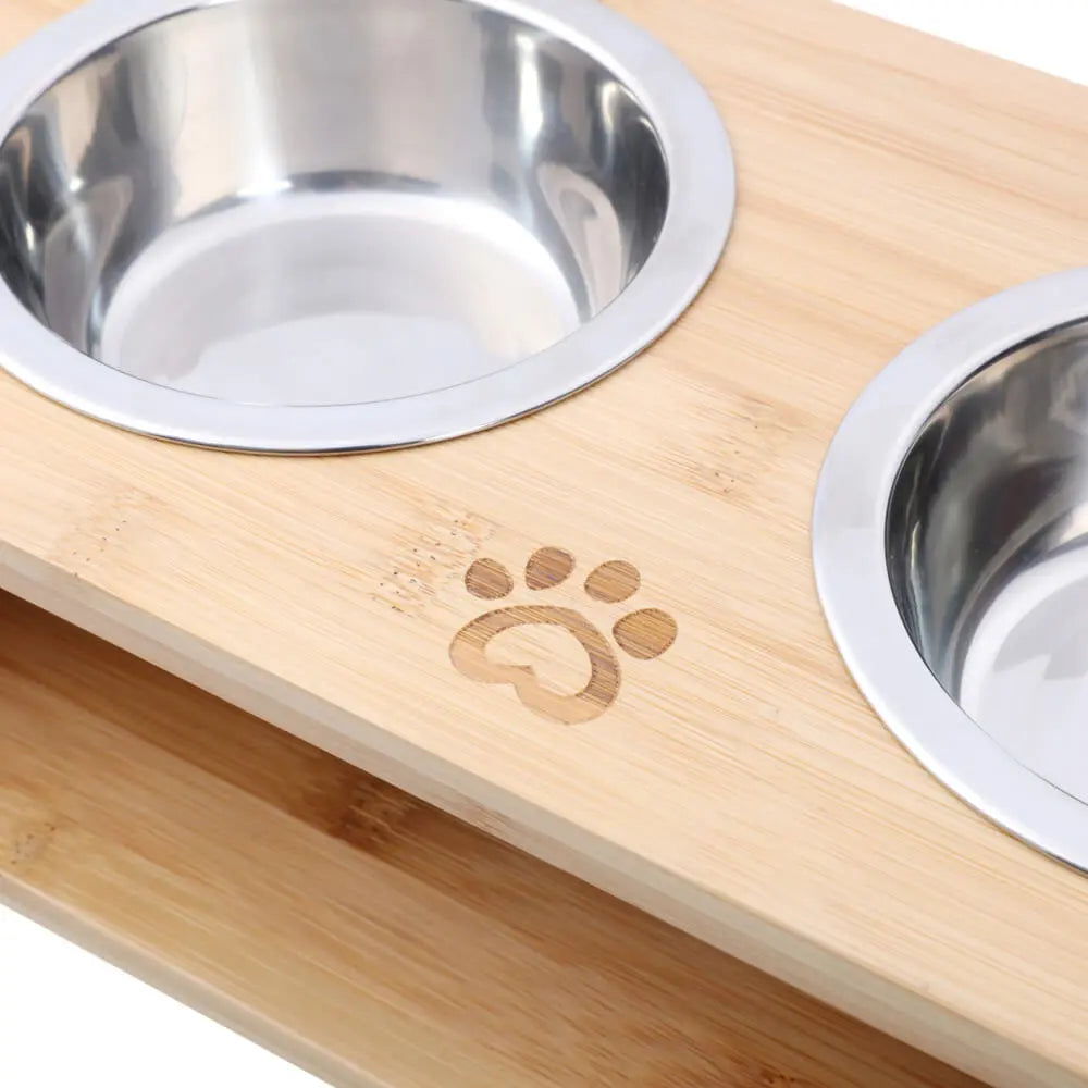 Charlie’s – Bamboo Dog Feeder With Stainless Steel Bowls – Natural