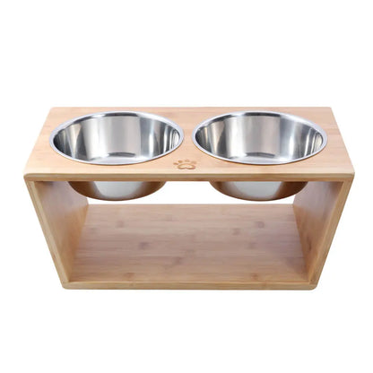 Charlie’s – Bamboo Dog Feeder With Stainless Steel Bowls – Natural