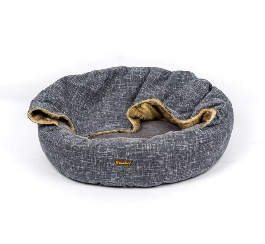 Charlie’s – Snookie Hooded Pet Bed – Faux Wolf Fur & Linen – Dark Grey - Medium