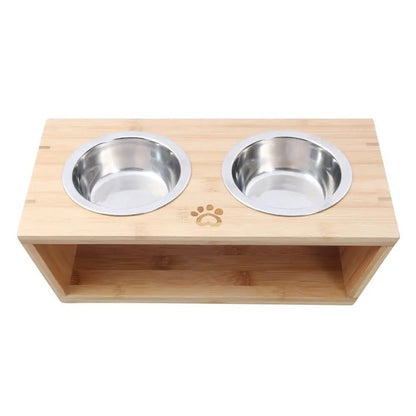 Charlie’s – Bamboo Dog Feeder With Stainless Steel Bowls – Natural