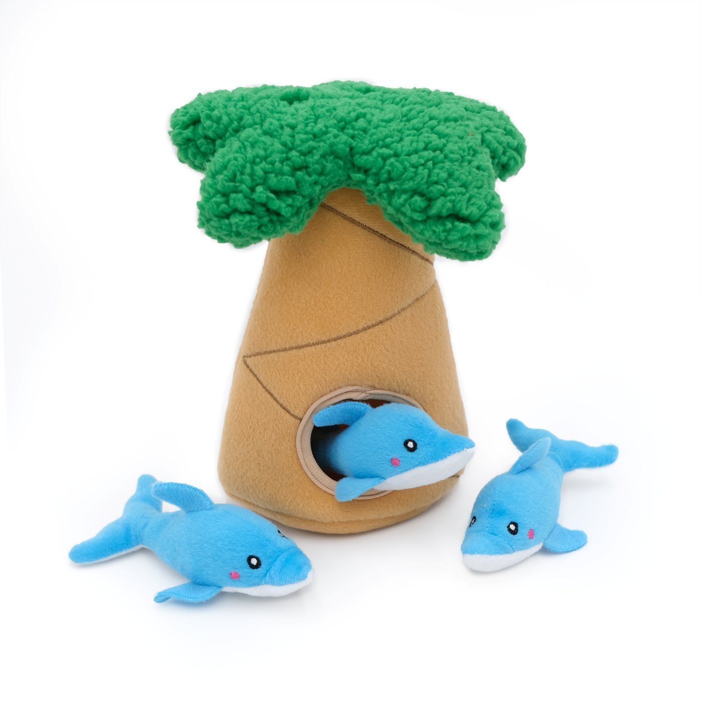 Zippy Paws Zippy Burrow Interactive Dog Toy - 3 Dolphins in Palm Tree